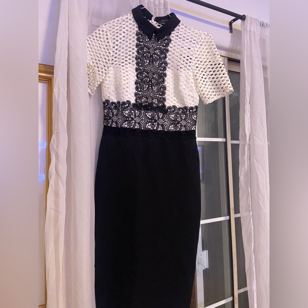 Zara Black and White Midi Dress with Lace Detail